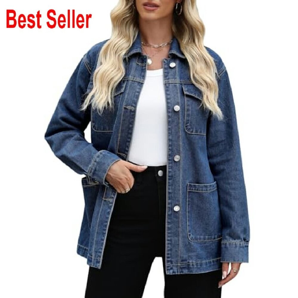 Oversized Denim Jacket Mid Long Classic Chic Trendy With Belt Pockets - Picture 5 of 7